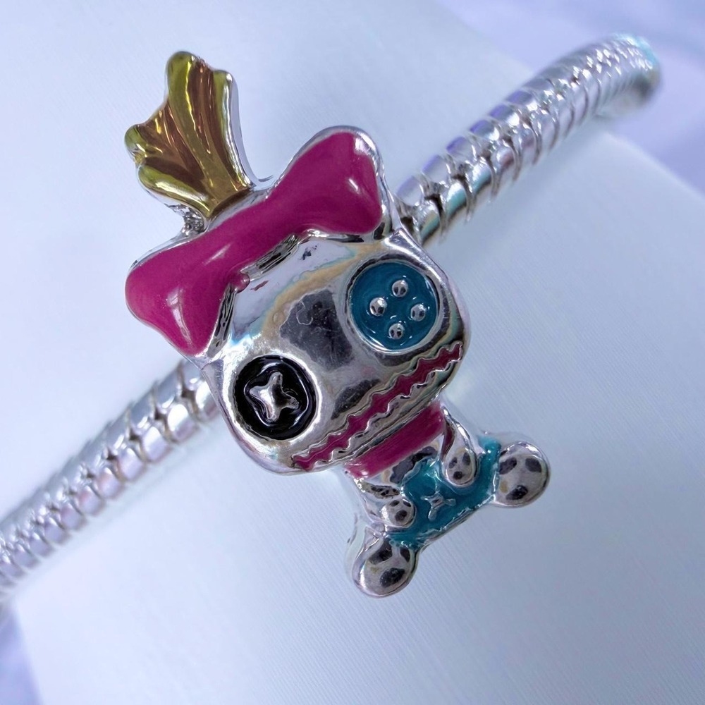 Pink Rag Doll with Patchwork Bead Charm Fits European Snake Chain Bracelets